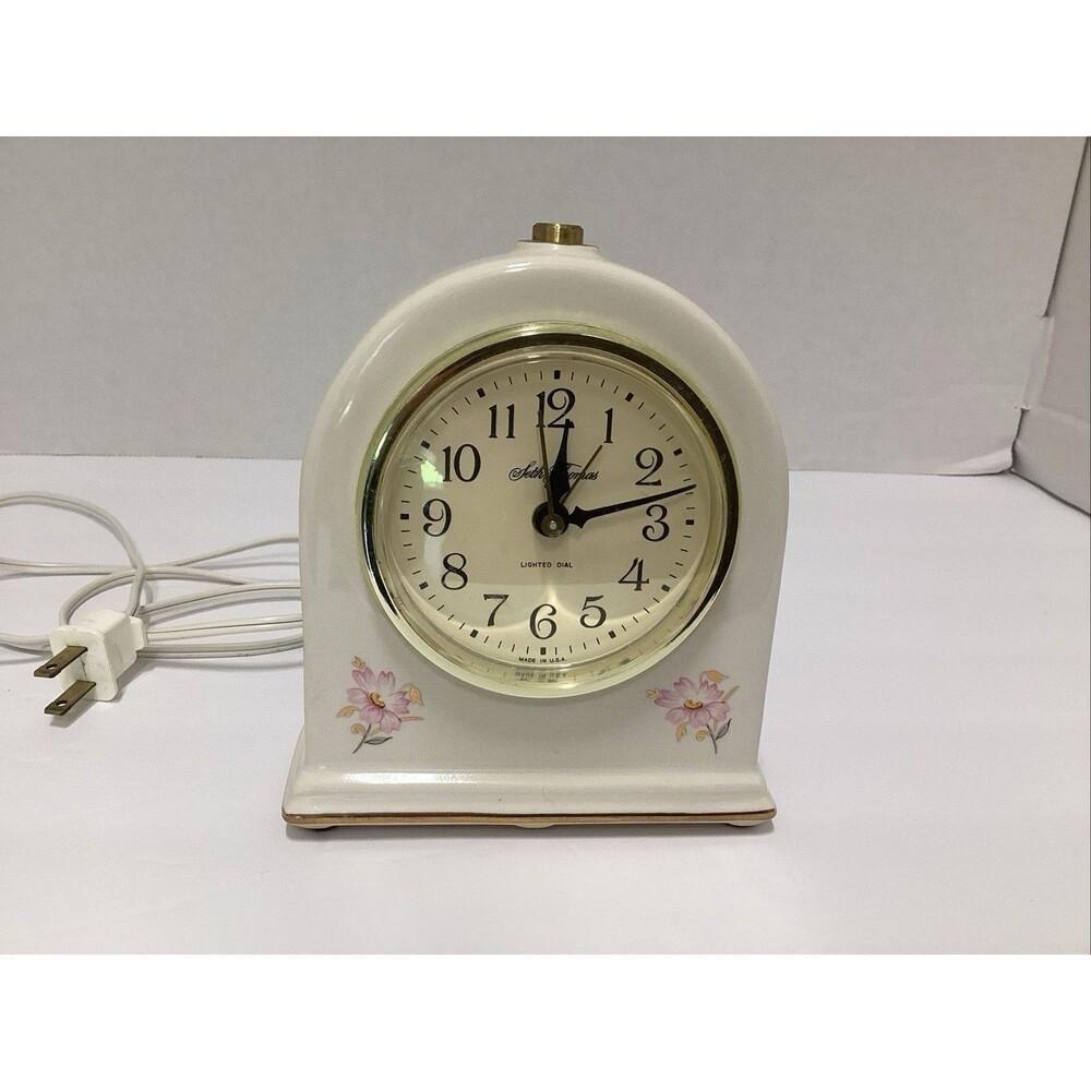vtg Seth Thomas 6” “fanciful” ceramic clock 9203 with gold trim USA parts only